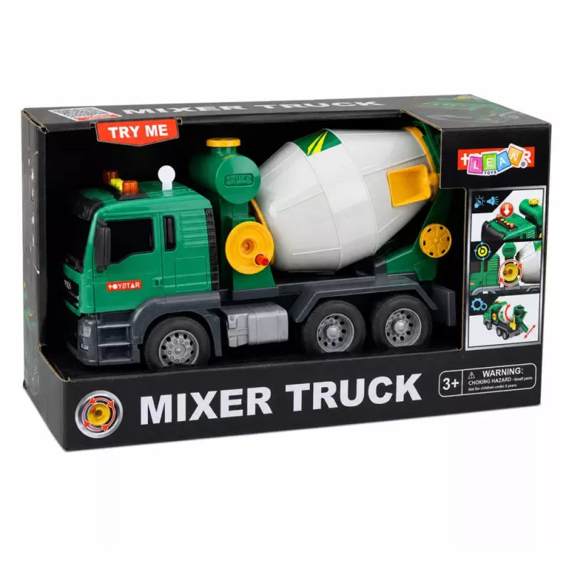 LEAN TOYS Betona maisītāja kravas automašīna ar rotējošu cilindru, gaismām un skaņām, zaļa