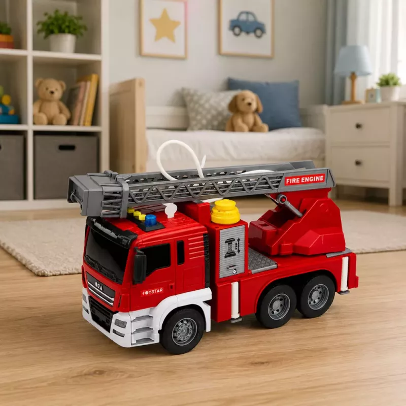 LEAN TOYS Ugunsdzēsēju mašīna ar izvelkamu kāpņu torni, ūdens liešanas funkciju, gaismām un skaņām