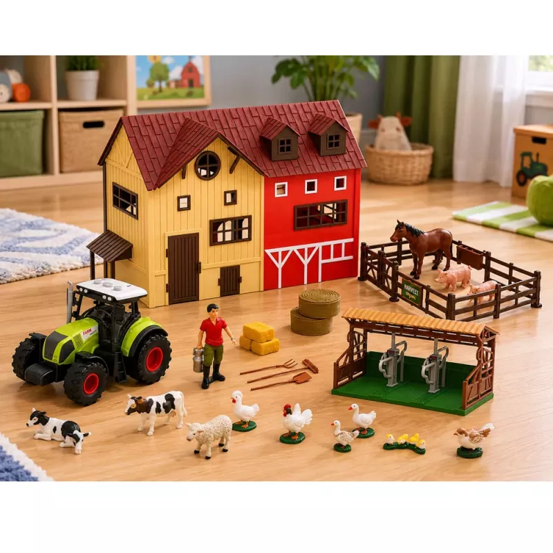 LEAN TOYS Saimniecības komplekts ar traktoru, šķūni, dzīvnieku figūriņām un aksesuāriem, 44 gab.