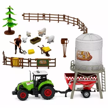 LEAN TOYS Saimniecības komplekts ar traktoru, kūti, silosu, figūrām, dzīvniekiem, instrumentiem - 49 gab.