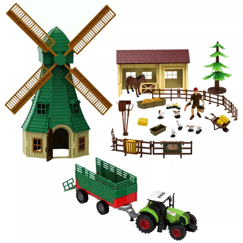 LEAN TOYS Saimniecības komplekts ar traktoru, vējdzirnavām, kūti, piekabi un dzīvnieku figūriņām, 45 gab.
