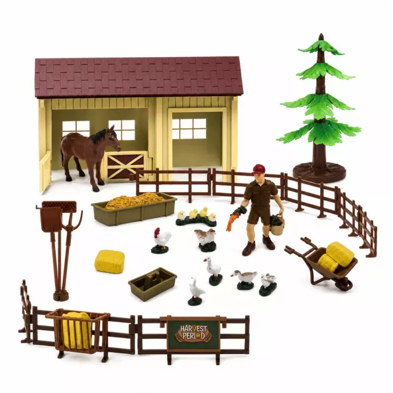 LEAN TOYS Saimniecības komplekts ar traktoru, vējdzirnavām, kūti, piekabi un dzīvnieku figūriņām, 45 gab.
