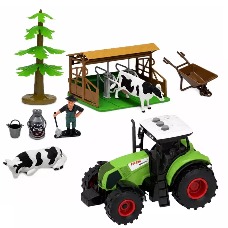 LEAN TOYS Saimniecības komplekts ar traktoru un šķūni, dzīvnieku figūriņām un aksesuāriem, 37 gab.