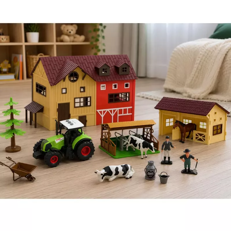 LEAN TOYS Saimniecības komplekts ar traktoru un šķūni, dzīvnieku figūriņām un aksesuāriem, 37 gab.
