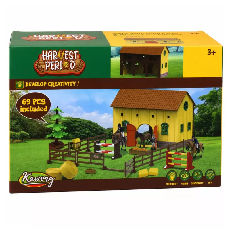 LEAN TOYS Sēta Zirgu Stallīši Zirgu Lēkšana Pauguri Figūras Piederumi 69 gab.