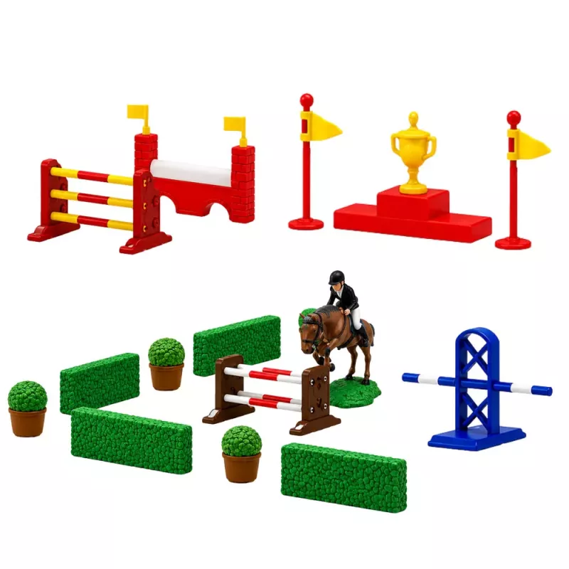 LEAN TOYS Komplekts Lauku zirgs šķēršļu trase stallis zirgu figūras 26 gab.