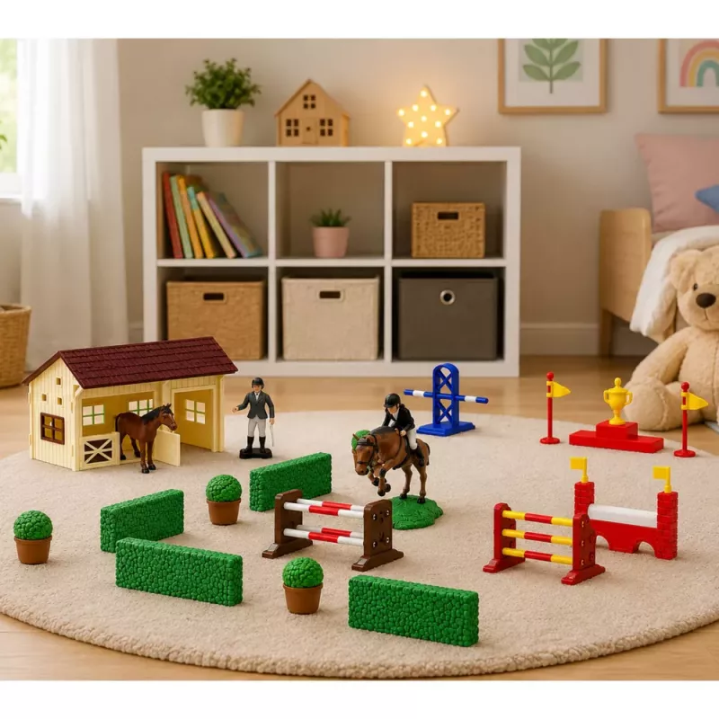 LEAN TOYS Komplekts Lauku zirgs šķēršļu trase stallis zirgu figūras 26 gab.