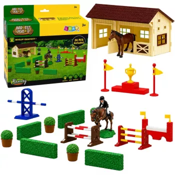 LEAN TOYS Komplekts Lauku zirgs šķēršļu trase stallis zirgu figūras 26 gab.