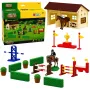 LEAN TOYS Komplekts Lauku zirgs šķēršļu trase stallis zirgu figūras 26 gab.