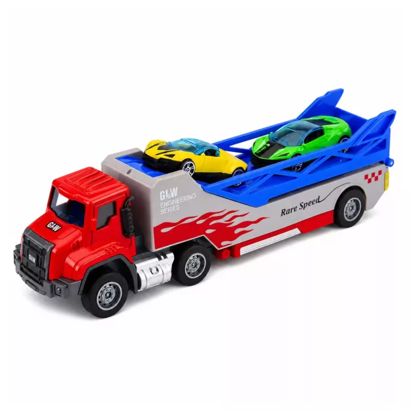 LEAN TOYS Kravas automašīna ar rampu, transportētājs, palaidējauto, atsperu piedziņa 1:55