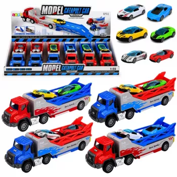 LEAN TOYS Kravas automašīna ar rampu, transportētājs, palaidējauto, atsperu piedziņa 1:55