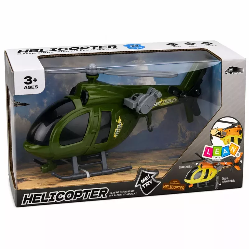 LEAN TOYS Militārais helikopters ar āķi, gaismām un skaņām, zaļš