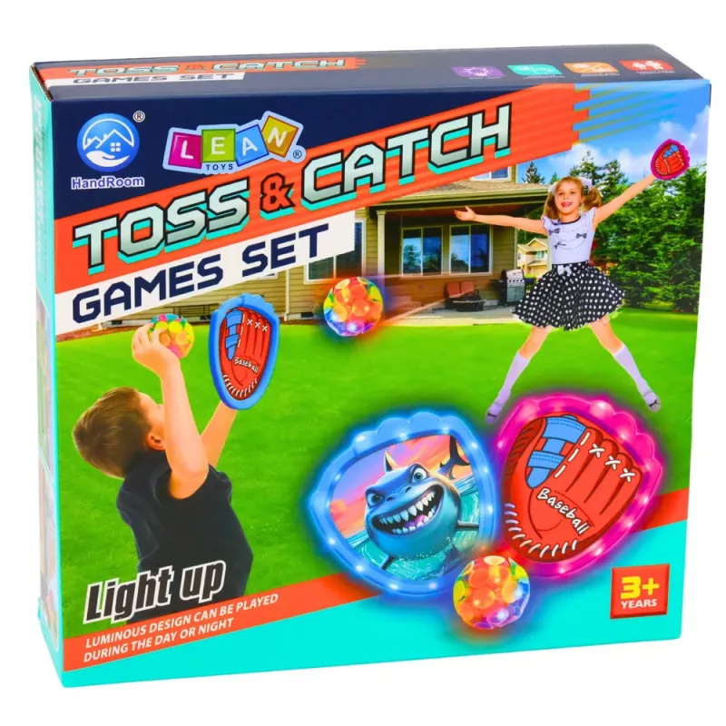 LEAN TOYS Arkādes spēle mešanai, ķeršanai, lāpstiņām, mirdzošām bumbiņām, LED haizivs