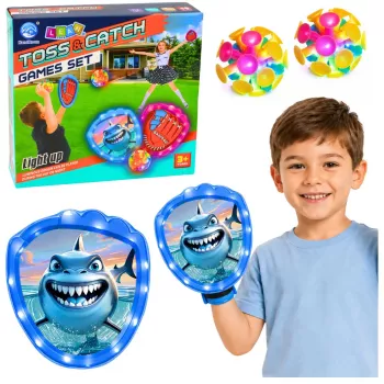 LEAN TOYS Arkādes spēle mešanai, ķeršanai, lāpstiņām, mirdzošām bumbiņām, LED haizivs