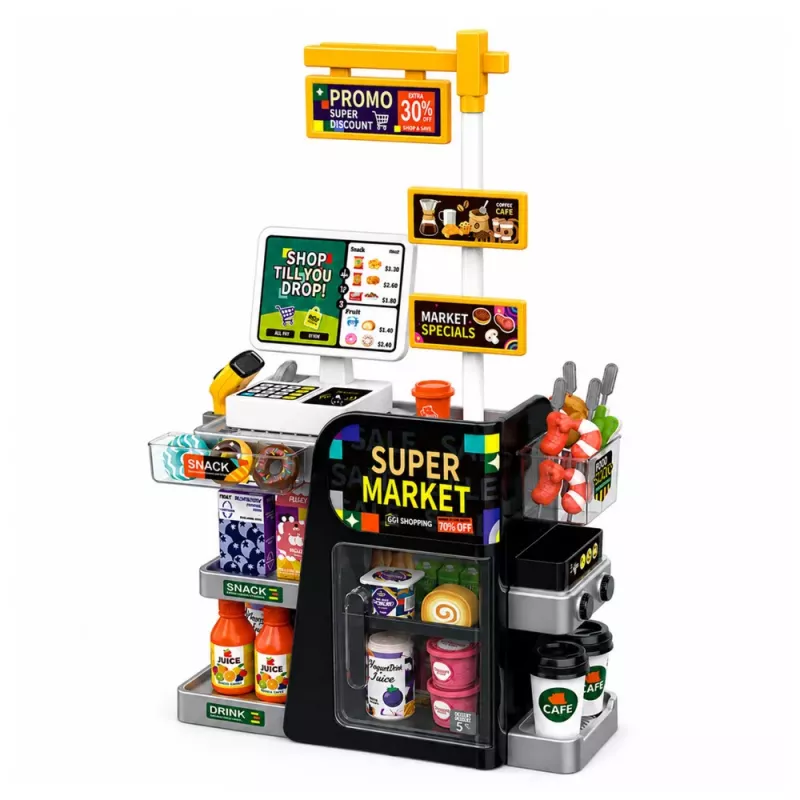 LEAN TOYS Supermarket kases aparāts ar skeneri, dzērienu automāts, gaismas un skaņas, 65 gab.