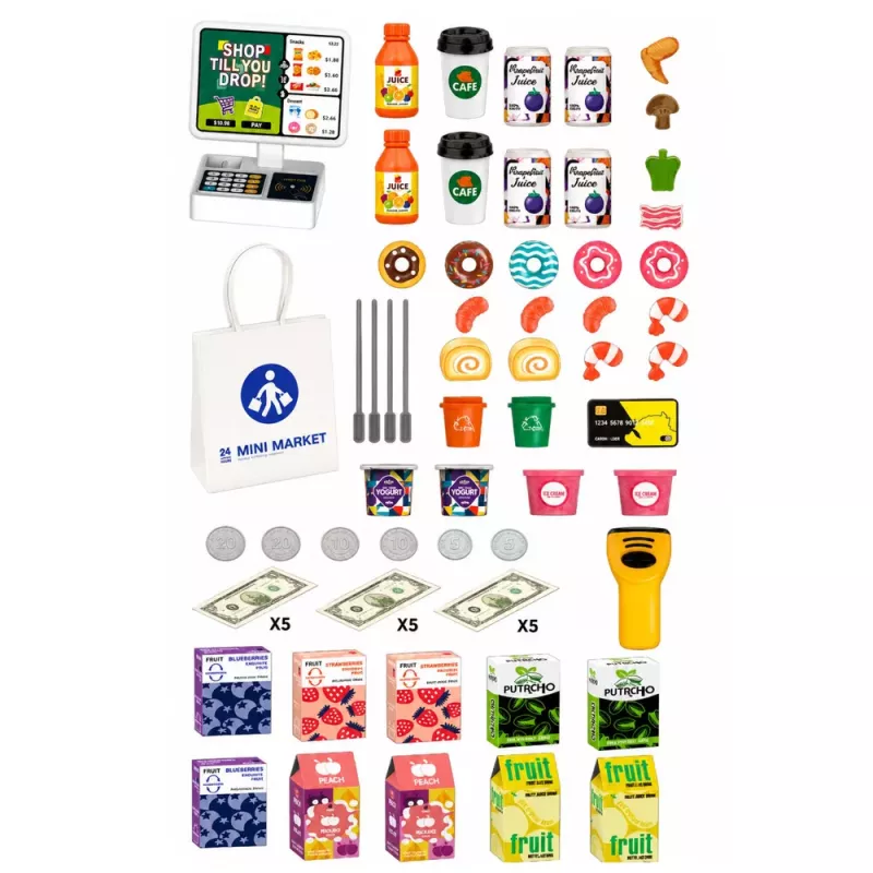 LEAN TOYS Supermarket kases aparāts ar skeneri, dzērienu automāts, gaismas un skaņas, 65 gab.