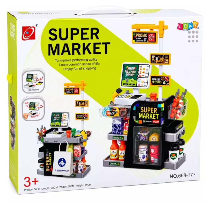 LEAN TOYS Supermarket kases aparāts ar skeneri, dzērienu automāts, gaismas un skaņas, 65 gab.