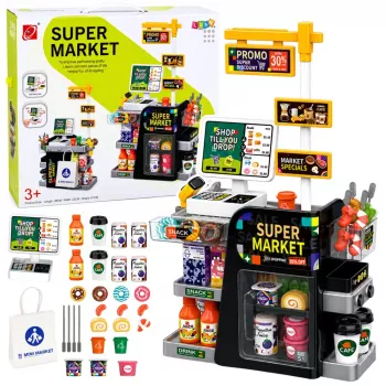 LEAN TOYS Supermarket kases aparāts ar skeneri, dzērienu automāts, gaismas un skaņas, 65 gab.