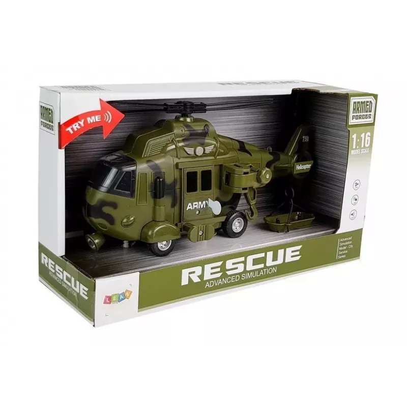 LEAN TOYS Militārais glābšanas helikopters 1:16 ar āķi, skaņu un gaismu