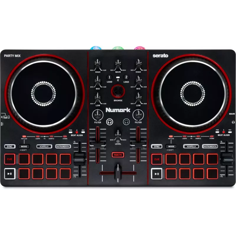 Numark Party Mix MKIII DJ kontrolieris ar iebūvētiem skaļruņiem un gaismu šovu