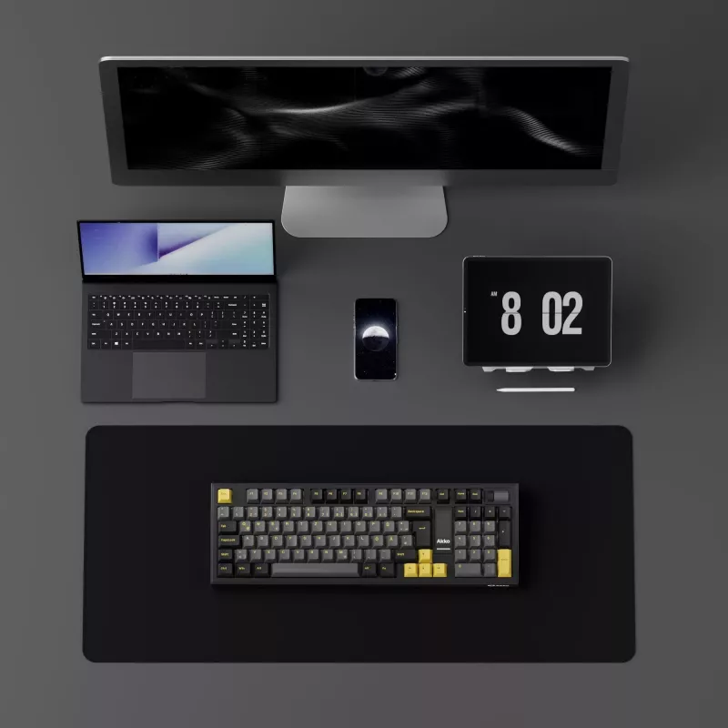 AKKO 5098B mehāniskā tastatūra, 98 taustiņi, melna un zelta, karsti maināma, RGB, trīskāršs režīms (USB-C/2.4GHz/Bluetooth 5.0), Akko CS Jelly White lineārie slēdži, PBT ASA taustiņu vāciņi, 3000mAh