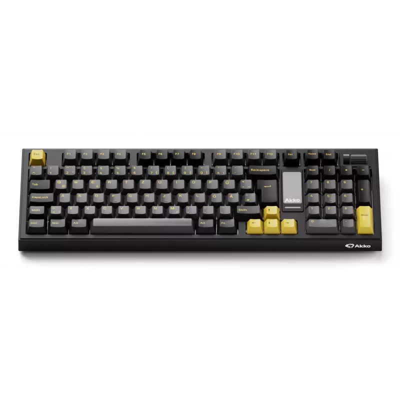 AKKO 5098B mehāniskā tastatūra, 98 taustiņi, melna un zelta, karsti maināma, RGB, trīskāršs režīms (USB-C/2.4GHz/Bluetooth 5.0), Akko CS Jelly White lineārie slēdži, PBT ASA taustiņu vāciņi, 3000mAh