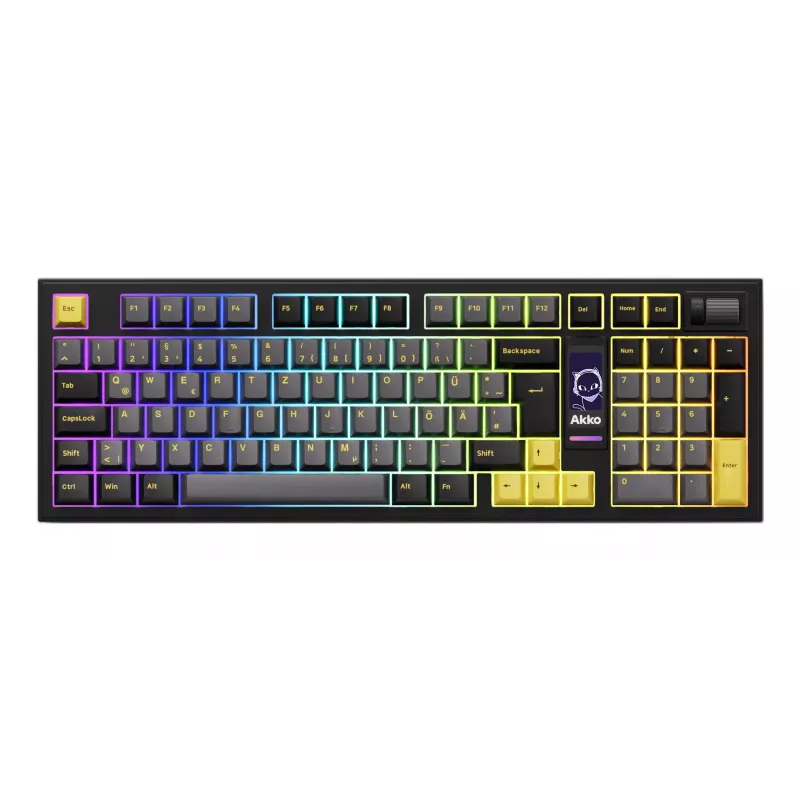 AKKO 5098B mehāniskā tastatūra, 98 taustiņi, melna un zelta, karsti maināma, RGB, trīskāršs režīms (USB-C/2.4GHz/Bluetooth 5.0), Akko CS Jelly White lineārie slēdži, PBT ASA taustiņu vāciņi, 3000mAh