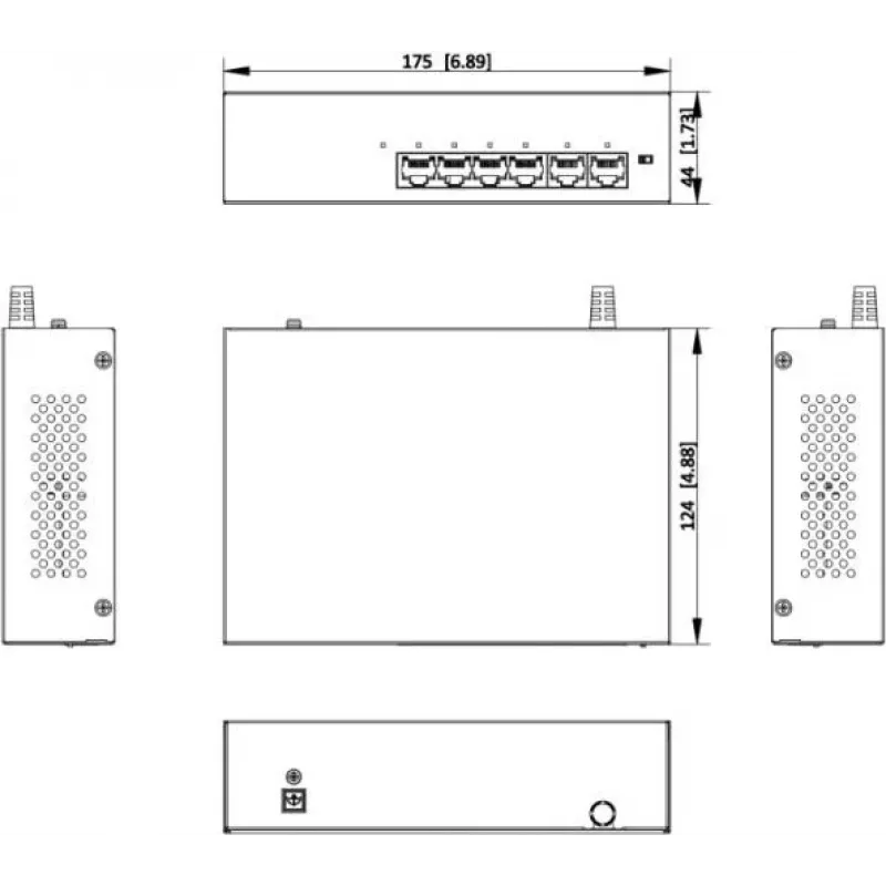 Hikvision DS-XS06-P(O-STD) 6-Portu Nepārvaldāms PoE+ Slēdzis (4 PoE Porti, 2 Gigabitu Augšupielādes, 60W Budžets, DIN Sliede)