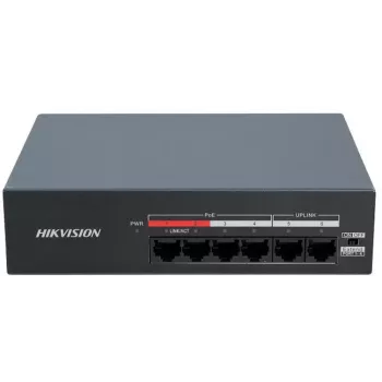Hikvision DS-XS06-P(O-STD) 6-Portu Nepārvaldāms PoE+ Slēdzis (4 PoE Porti, 2 Gigabitu Augšupielādes, 60W Budžets, DIN Sliede)