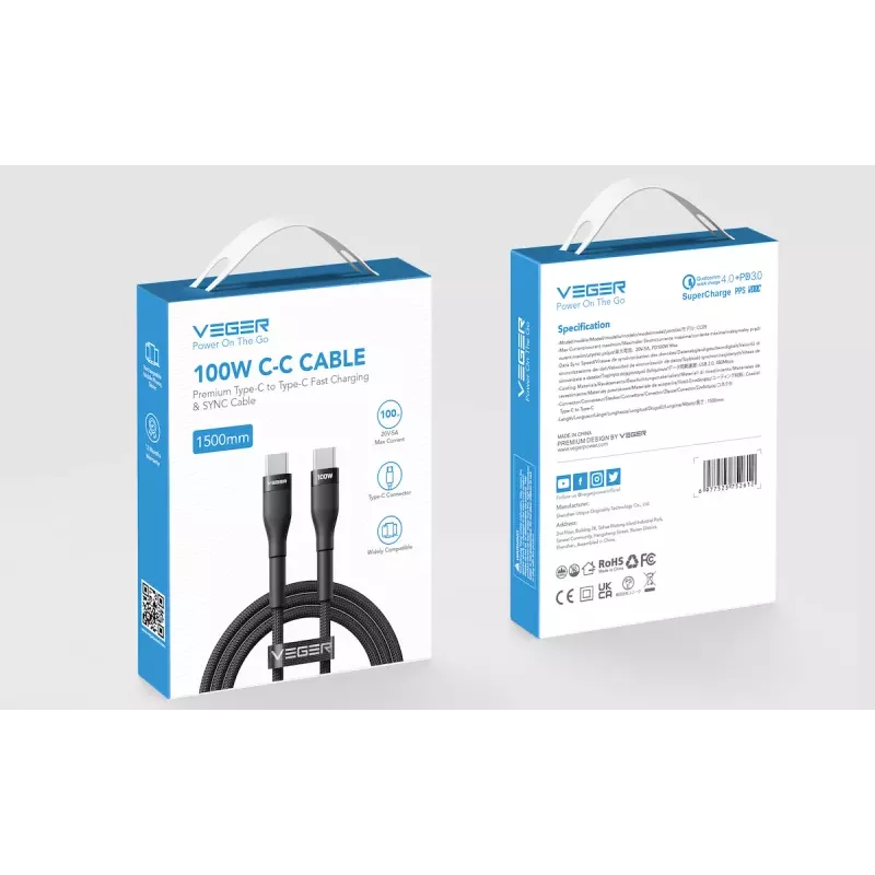 VEGER USB-C uz USB-C PD 100W kabelis 1.5m, Melns