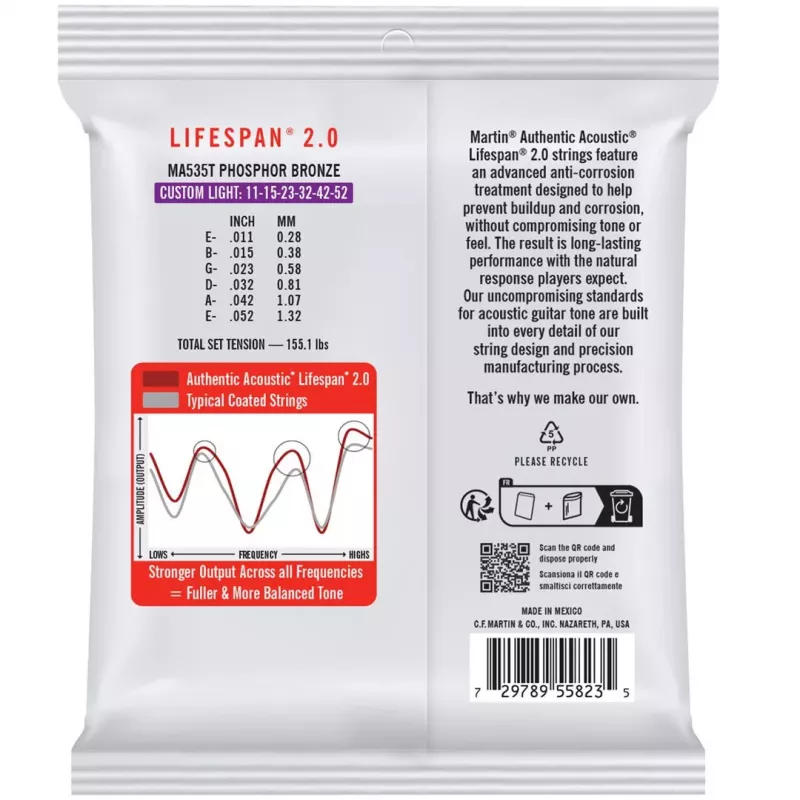Martin MA535T Custom Light (11-52) akustiskās ģitāras stīgas - Lifespan 2.0 Phosphor Bronze