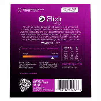 Elixir Strings 11027 Custom Light NANOWEB akustiskās ģitāras stīgas (11-52)