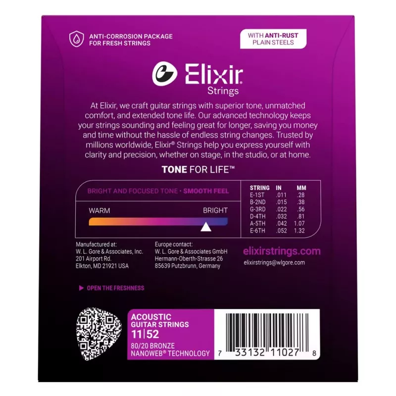 Elixir Strings 11027 Custom Light NANOWEB akustiskās ģitāras stīgas (11-52)
