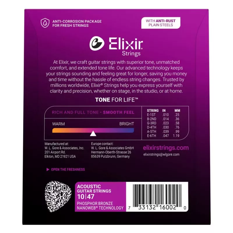 Elixir 16002 NANOWEB Phosphor Bronze Extra Light akustiskās ģitāras stīgas (10-47)