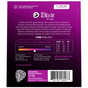 Elixir Strings 16027 Phosphor Bronze Custom Light NANOWEB akustiskās ģitāras stīgas (11-52)