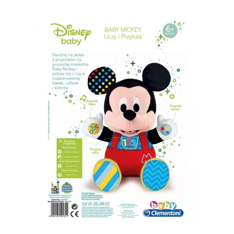 Clementoni Disney Baby Mickey Mouse Interactive Plush Toy Teaches & Hugs Polish Language 50131