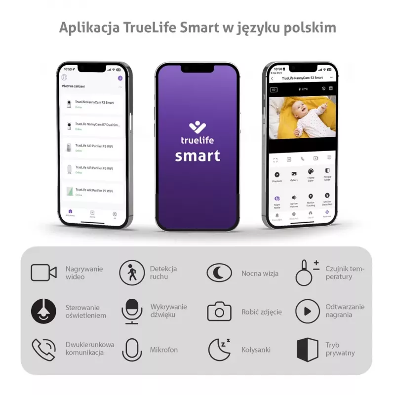 TrueLife NannyCam S3 Smart Video Baby Monitor ar 3,2 collu krāsu LCD, 720p HD, Wi-Fi, nakts redzamību, divvirzienu audio, temperatūras sensoru, šūpuļdziesmām, VOX, kustību noteikšanu, 300 m āra diapazonu