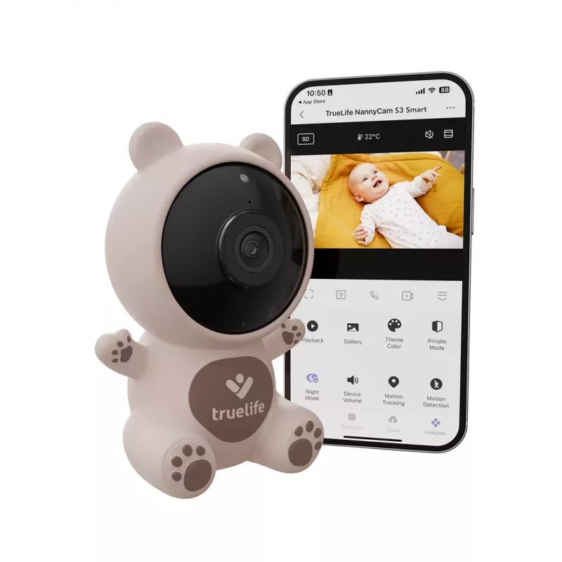 TrueLife NannyCam S3 Smart Video Baby Monitor ar 3,2 collu krāsu LCD, 720p HD, Wi-Fi, nakts redzamību, divvirzienu audio, temperatūras sensoru, šūpuļdziesmām, VOX, kustību noteikšanu, 300 m āra diapazonu