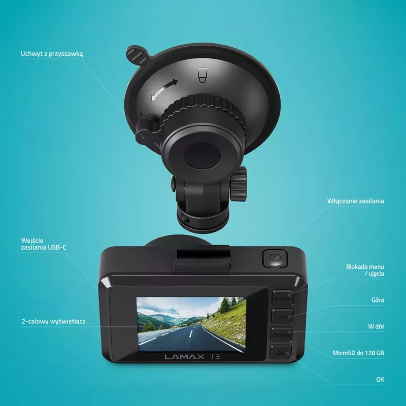 LAMAX T3 Dashcam Full HD 1080p 140° Wide Angle ar G-Sensor un Parking Mode