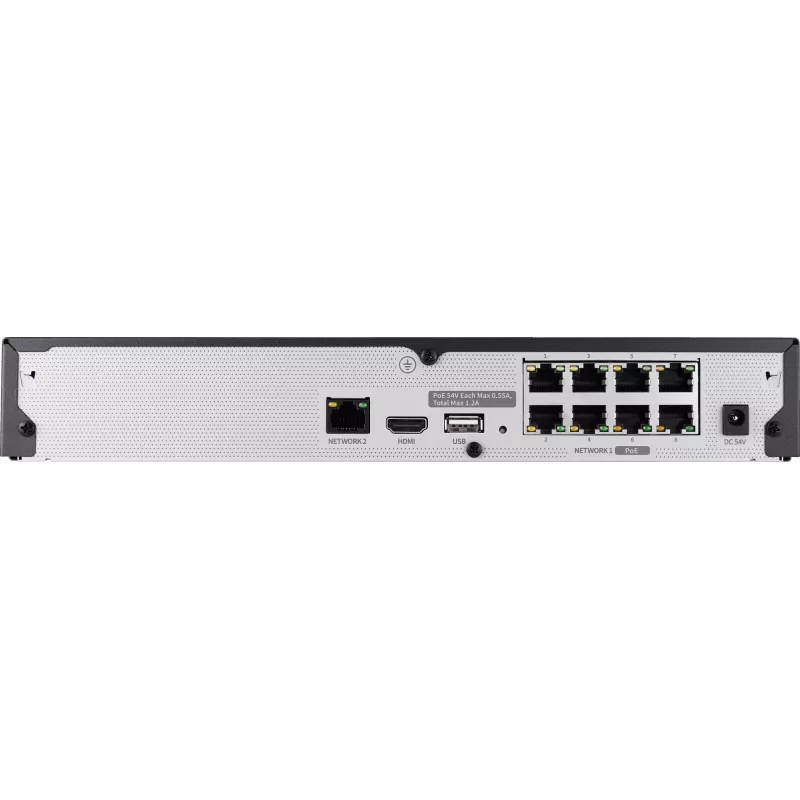 Hanwha Vision tīkla video ierakstītājs 8 IP kanāliem H.265 60Mbps bez HDD HDMI PoE slēdzis