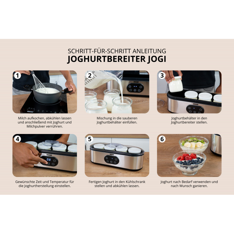 UNOLD 38726 Jogi Jogurta pagatavotājs – 7 stikla burciņas, 1,12 L kopā, nerūsējošais tērauds