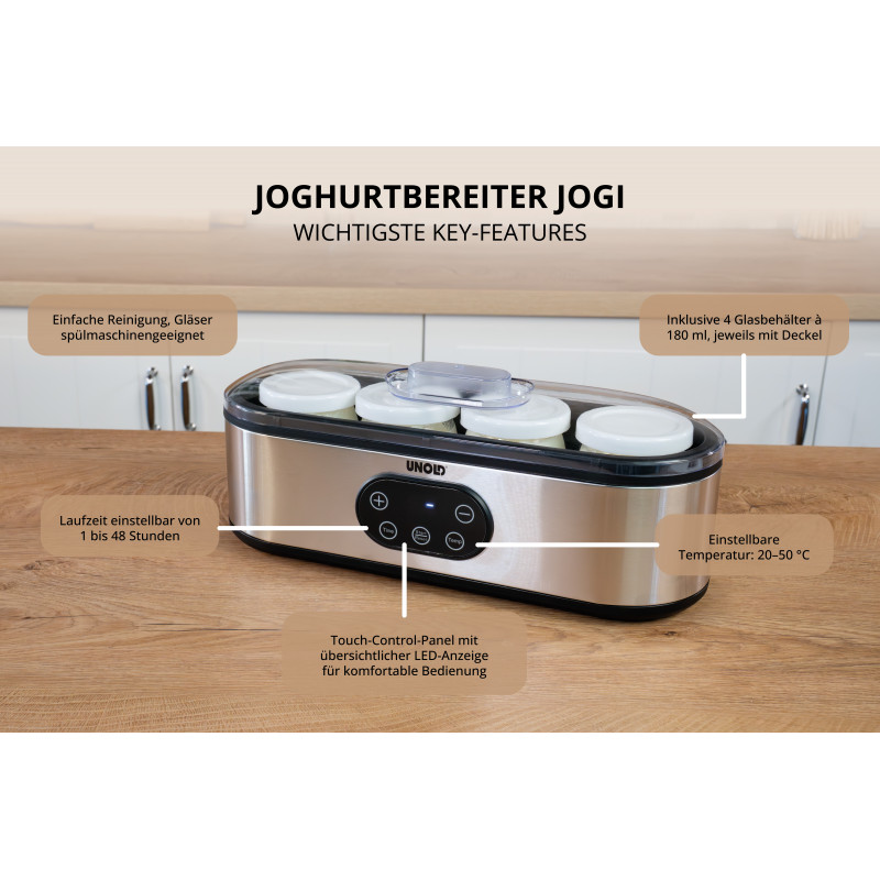 UNOLD 38726 Jogi Jogurta pagatavotājs – 7 stikla burciņas, 1,12 L kopā, nerūsējošais tērauds