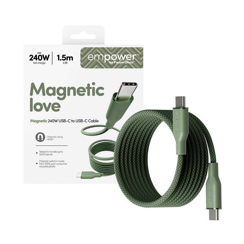PanzerGlass empower Magnetic 240W USB-C to USB-C kabelis 1,5 m zaļš