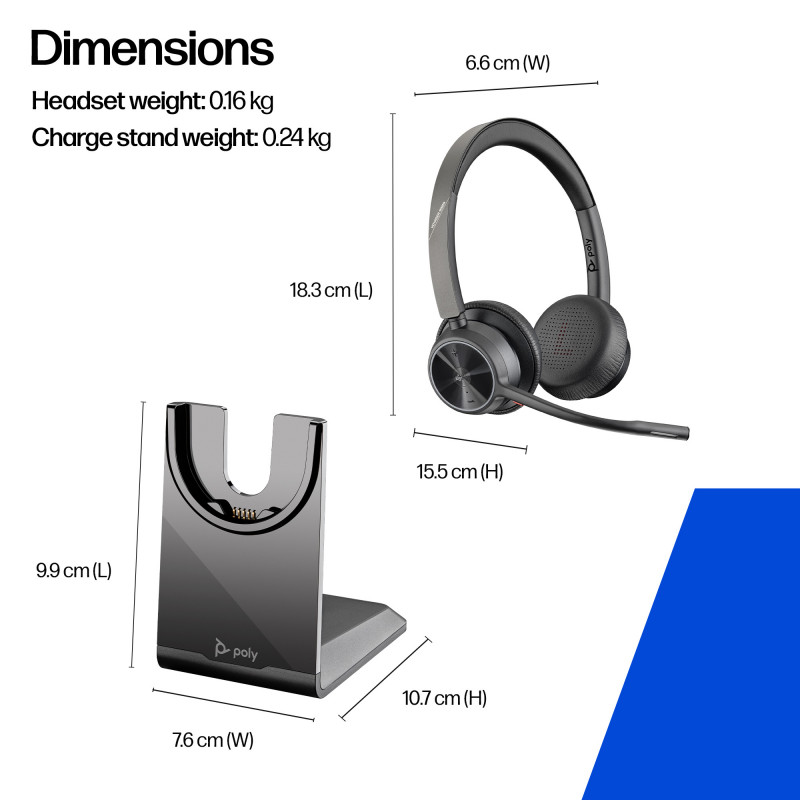 Plantronics Voyager 4320 UC bezvadu Bluetooth austiņas ar uzlādes statīvu, USB-A adapteri, Microsoft Teams sertificētas, melnas