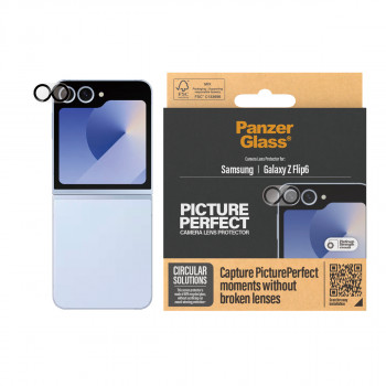 PanzerGlass PicturePerfect Kameras objektīva aizsargs Samsung Galaxy Z Flip6 (F741, F7374) - Īpaši dzidrs rūdīts stikls, 9H cietība, Izturīgs pret skrāpējumiem un triecieniem, Oleofobiska pārklājums, Vienkārša uzstādīšana