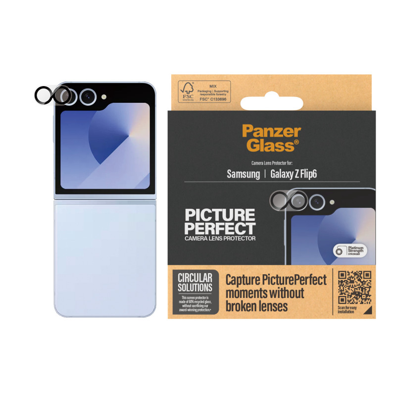 PanzerGlass PicturePerfect Kameras objektīva aizsargs Samsung Galaxy Z Flip6 (F741, F7374) - Īpaši dzidrs rūdīts stikls, 9H cietība, Izturīgs pret skrāpējumiem un triecieniem, Oleofobiska pārklājums, Vienkārša uzstādīšana