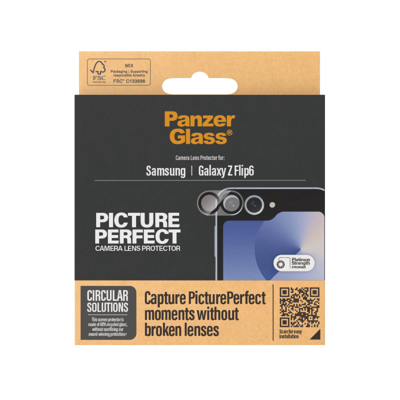 PanzerGlass PicturePerfect Kameras objektīva aizsargs Samsung Galaxy Z Flip6 (F741, F7374) - Īpaši dzidrs rūdīts stikls, 9H cietība, Izturīgs pret skrāpējumiem un triecieniem, Oleofobiska pārklājums, Vienkārša uzstādīšana