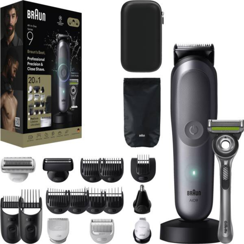 Braun AIO 9540 All-in-One stila komplekts, slapjai un sausai skūšanai elektriskais skuveklis un trimeris, 60 min darbības laiks, 7 stiprinājumi, melns
