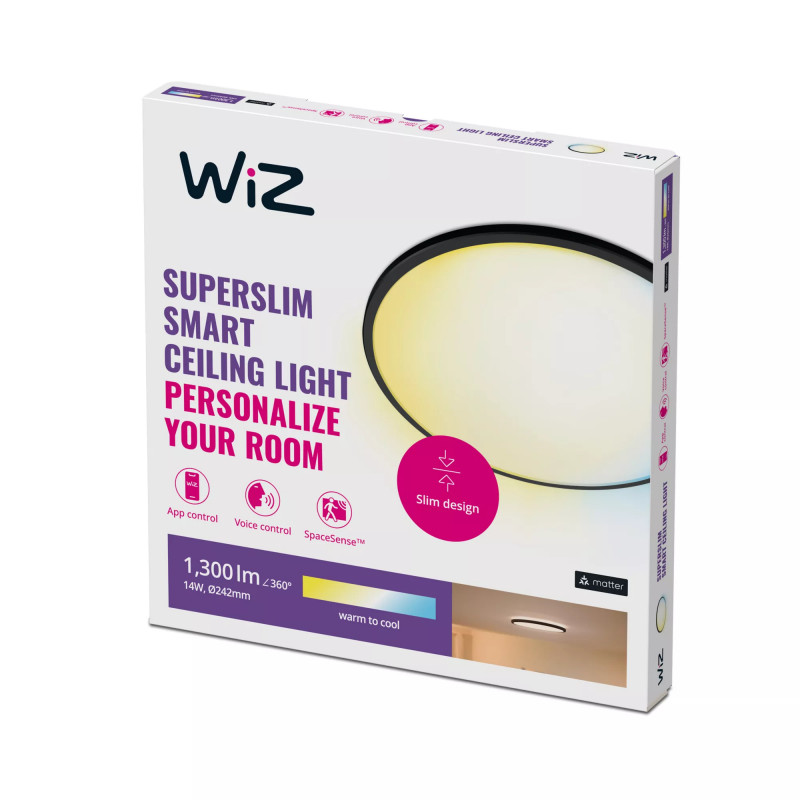 Signify WiZ Super Slim griestu lampa ar regulējamu baltu un krāsu temperatūru 14W melna
