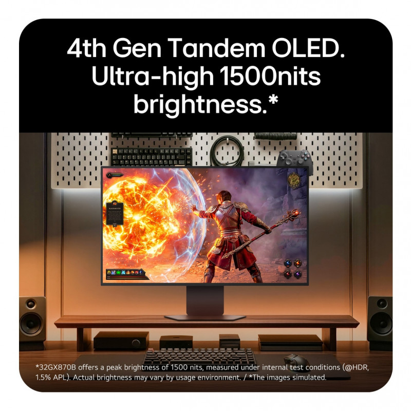 LG UltraGear Evo AI 32GX870B-B 31,5 collu Tandem OLED spēļu monitors, 4K 240Hz / FHD 480Hz, HDR500, USB-C 90W